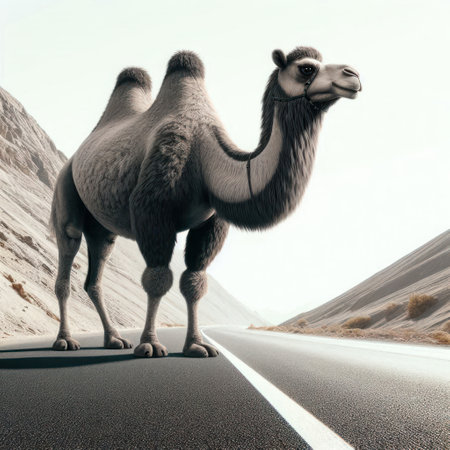 Camel on the road in the desertの素材