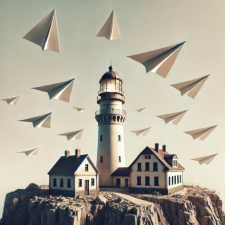 The lighthouse is surrounded by paper airplanes flying aroundの素材