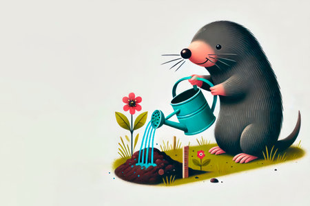 A mole watering flowers from a watering can. Space for textの素材