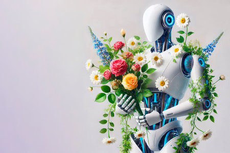 A robot surrounded by flowers. Space for textの素材