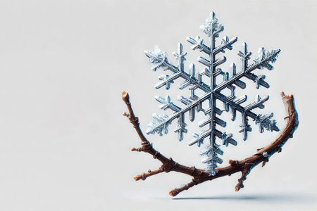 A fragile snowflake on a tree branch. Space for textの素材