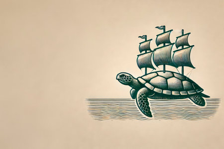 Floating turtle with sails. Space for textの素材