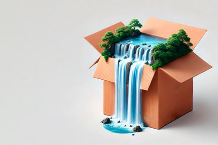 Waterfall flowing out of a cardboard box. Space for textの素材