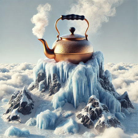 A teapot on an icy mountain in the cloudsの素材