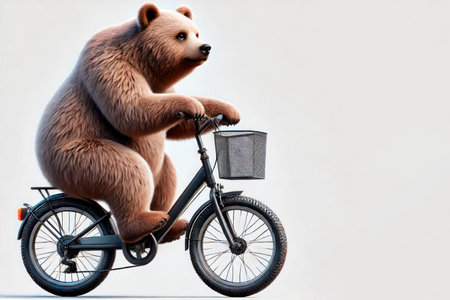A bear rides a bicycle with a basket. Space for textの素材