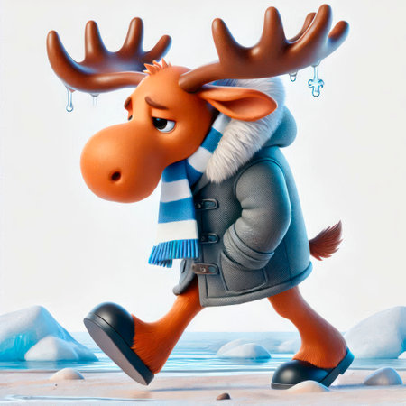 A sad moose in winter clothes walks through a snowy areaの素材