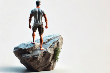 A man on top of a cliff, looking into the distance. Space for textの素材