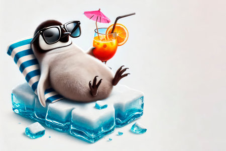 Penguin on an ice lounger with a cocktail. Space for textの素材