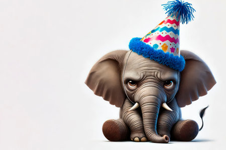 A sad baby elephant in a festive hat on a light background. Space for textの素材