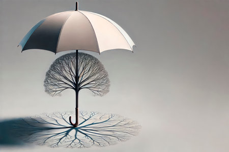 Umbrella in the shape of a tree with roots. Space for textの素材