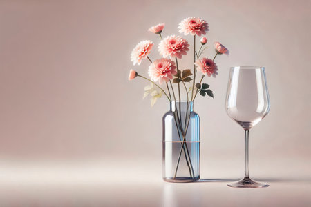 Flowers in a glass vase and a glass. Space for textの素材
