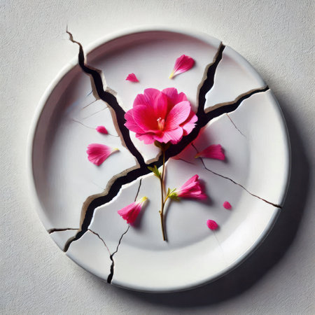 A cracked plate with a flower in the middleの素材