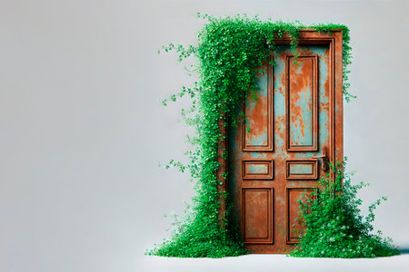 A rusty door with greenery on a light background. Space for textの素材