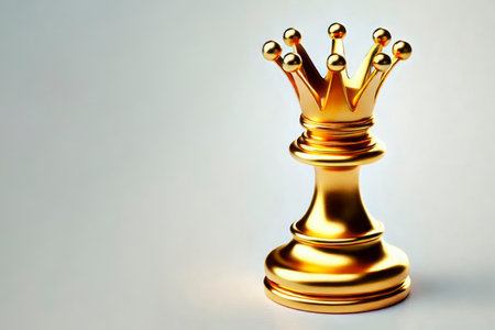 Golden chess queen on a light background. Space for text.の素材