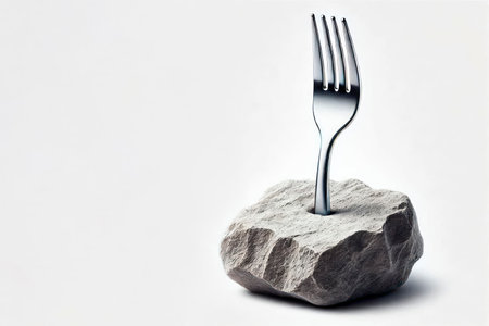 A fork stuck in a stone, on a white background. Space for textの素材