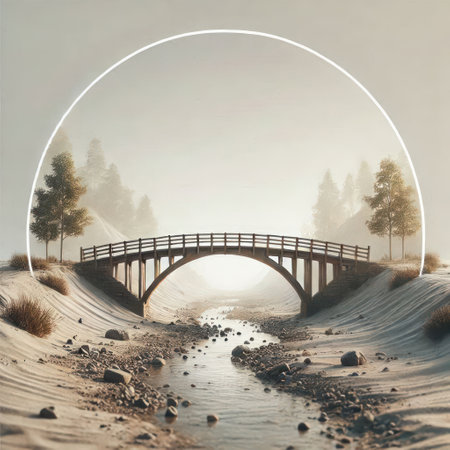 A wooden bridge over a dry riverbedの素材