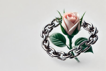 Rose in a ring of metal chain. Space for textの素材