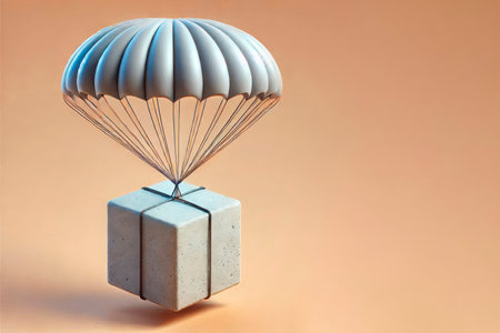 A parachute with a concrete load on a clean background. Space for textの素材