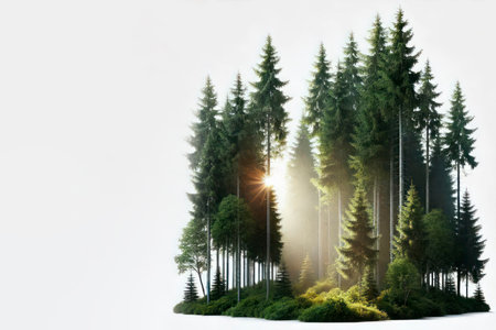 A forest with sunlight filtering through the trees. Space for textの素材