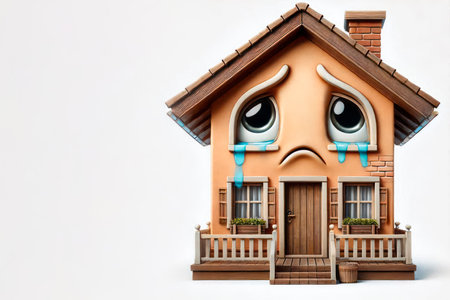 A sad house with eyes and tears. Space for textの素材