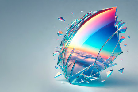 Shattered glass reflecting the sunset and clouds. Space for textの素材