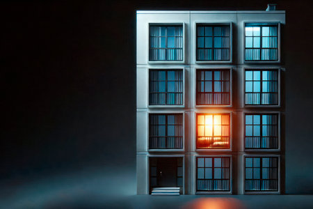 A lonely window with a bright light in the building. Space for textの素材