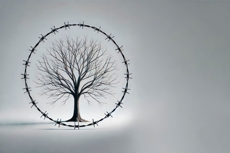 The tree is surrounded by barbed wire, a symbol of restriction. Space for textの素材