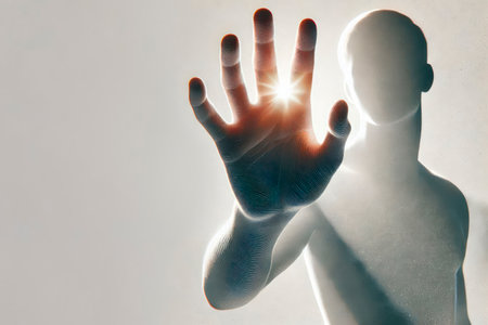 Silhouette of a man with a beam of light through his hand. Space for textの素材