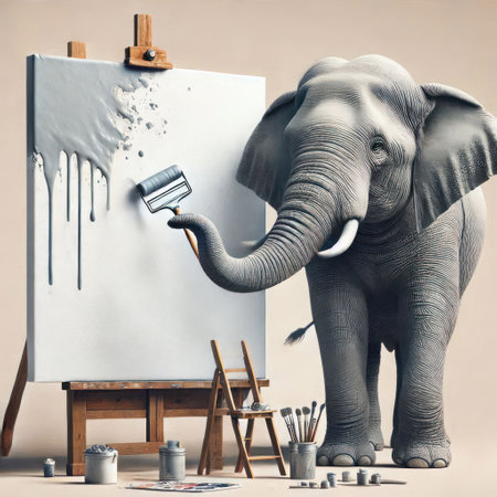An elephant using a roller to paint on canvasの素材