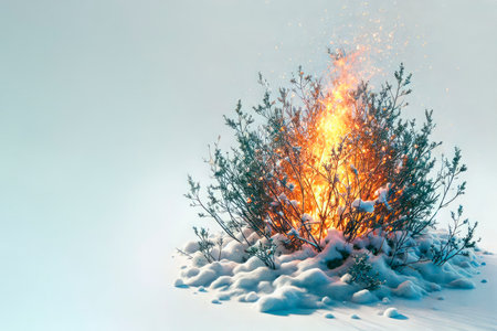 A burning bush in the snow. Space for textの素材