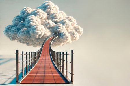 Suspension bridge leading to the cloud. Space for textの素材