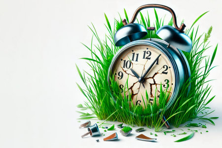 A broken alarm clock standing in the grass. Space for textの素材