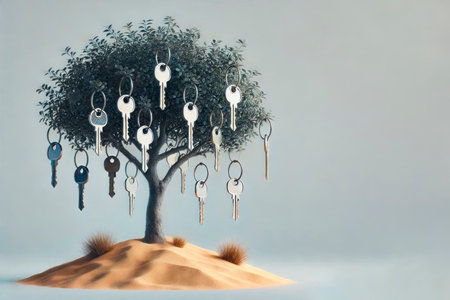 Tree with keys on branches in a sandy desert. Space for textの素材