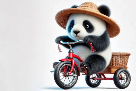 A little panda in a hat on a tricycle. Space for textの素材