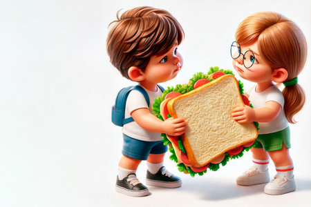 Children are talking over a giant sandwich. Space for textの素材