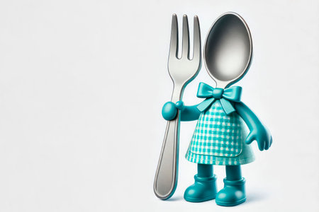 Fork spoon with a blue dress and bow. Space for textの素材