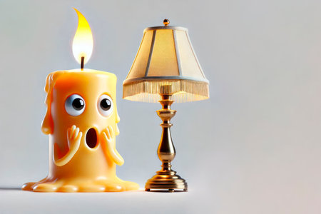 A melting candle with a surprised face next to a lamp. Space for textの素材