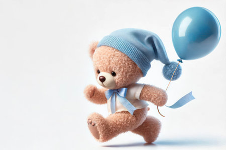 A teddy bear in a hat and with a blue ball. Space for textの素材