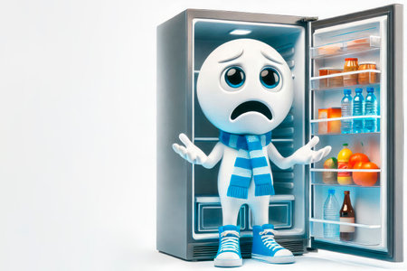 Refrigerator with a sad smiley face in a scarf. Space for textの素材