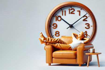 A person rests on a chair in front of a big clock. Space for textの素材