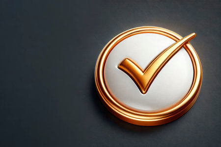A badge in the form of a golden tick on a dark background. Space for textの素材