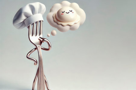 A fork in a chef's cap with thoughts of dumplings. Space for textの素材
