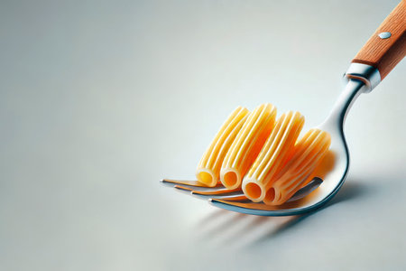 Fork with pasta on a light background. Space for textの素材