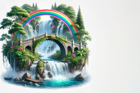 Rainbow over waterfall and bridge surrounded by nature. Space for textの素材