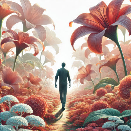 A man walks along a path among giant flowersの素材