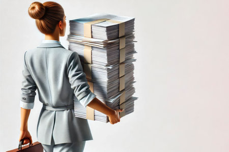A woman in a business suit carries a huge stack of papers. Space for textの素材