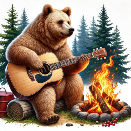 The bear plays the guitar by the fireの素材