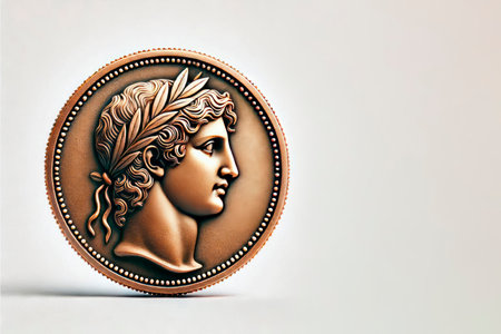 An ancient coin with a profile image on a light background. Space for textの素材