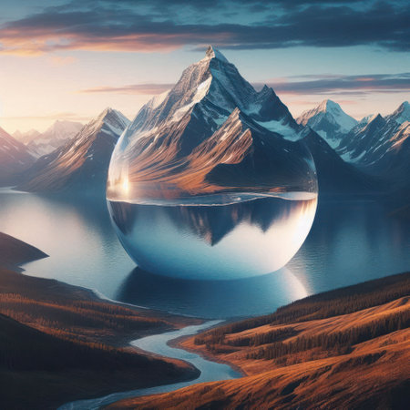 A mountain reflected in a glass sphere against the background of a landscapeの素材