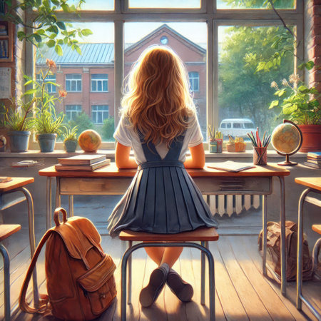 A girl in a school classroom at a deskの素材